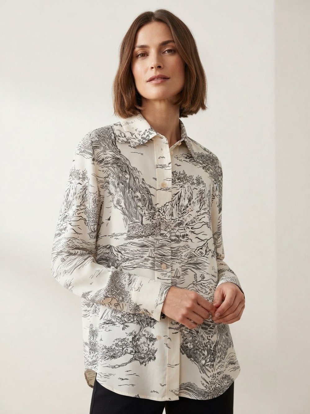 H&M Black & White Landscape Print Long Sleeve Button-Down Oversized Blouse sz S
